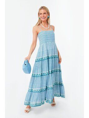 Oliphant XS  Blue Marley Smocked Back Maxi Dress Coastal Boho